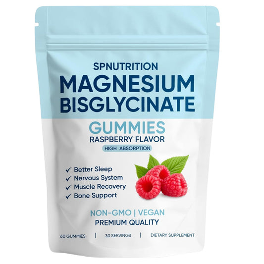 Spnutrition Magnesium Bisglycinate Gummies, with 400mg Magnesium Bisglycinate Chelate, Sea Salt, Raspberry Fruit Powder, Improve Sleep & nervous, Relax Muscles, Strengthen Bones, Vegan.