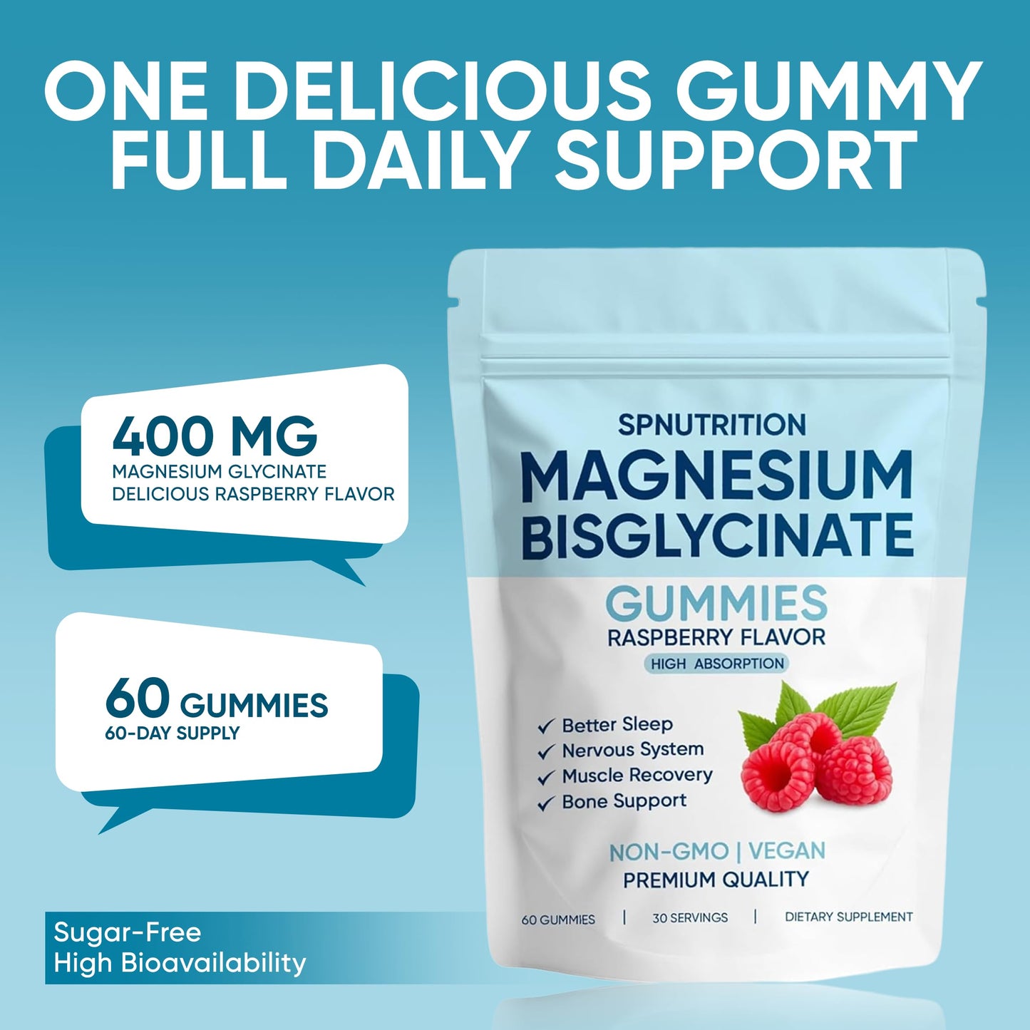 Spnutrition Magnesium Bisglycinate Gummies, with 400mg Magnesium Bisglycinate Chelate, Sea Salt, Raspberry Fruit Powder, Improve Sleep & nervous, Relax Muscles, Strengthen Bones, Vegan.